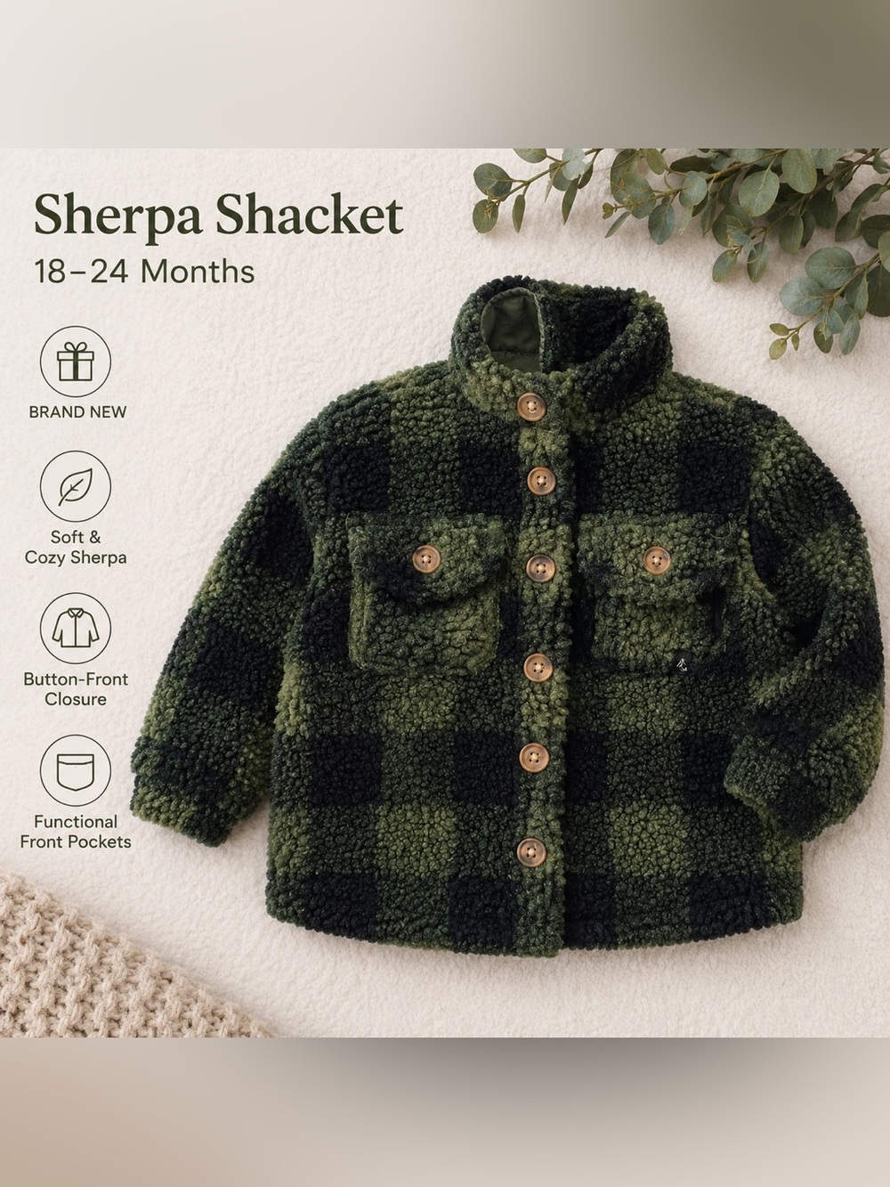 Kids Sherpa Shacket - Green Plaid